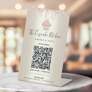 QR Code Betaal hier Roze Cupcake Glitters Glanzend Reclamebord Met Voetstuk