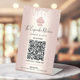 QR Code Betaal Hier Roze Gouden Cupcake Glitter Ba Reclamebord Met Voetstuk