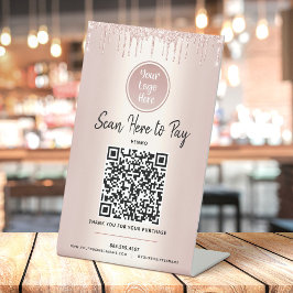 QR Code Betaal Hier Roze Gouden Glitter Aangepast  Reclamebord Met Voetstuk