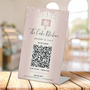 QR Code Betaal Hier Roze Gouden Glitter Cake Bakke Reclamebord Met Voetstuk