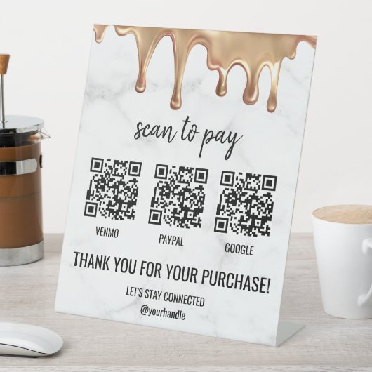 QR Code Betaling Cashapp PayPal wit marmer Gold Reclamebord Met Voetstuk (Insitu)