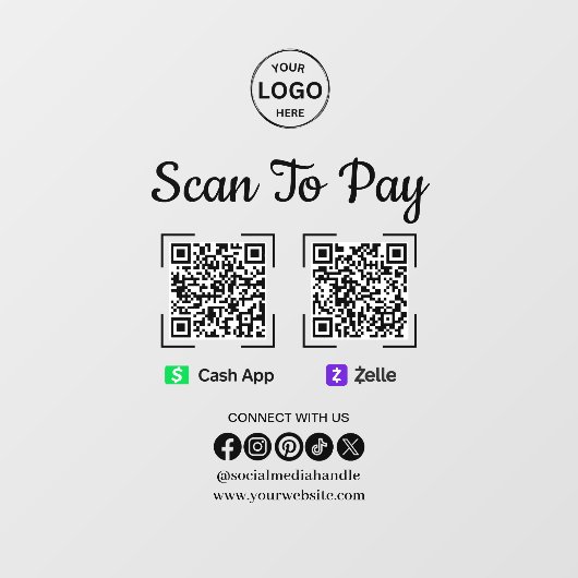 QR Code Betaling Scan naar Zelle Cash App betalen  Raamsticker (Vel)