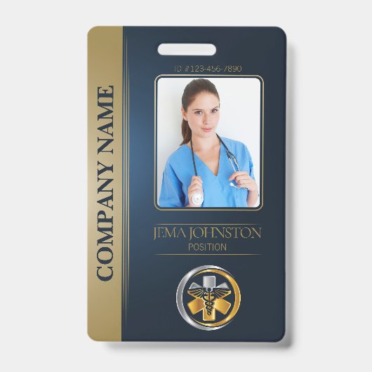 QR-code beveiligings-ID Blauw & Goud Personeelsfot Badge (Voorzijde)