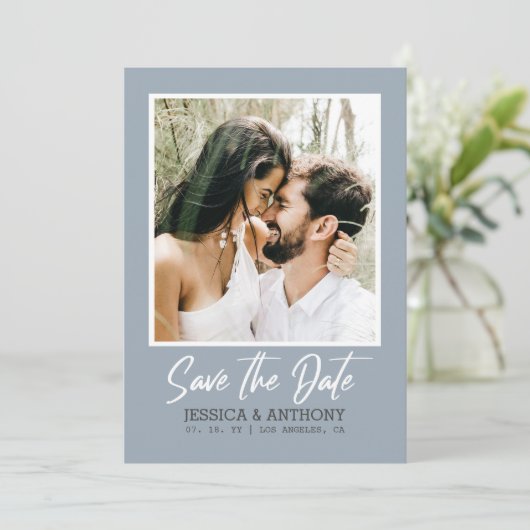 QR code Bewaar de datum Dusty Blue foto bruiloft Kaart (Staand voorkant)