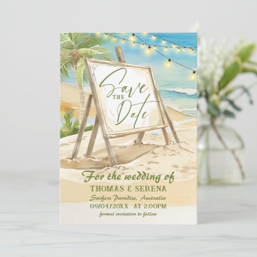 QR-code Bewaar de datum Strand Bruiloft Bestemming Kaart (Staand voorkant)