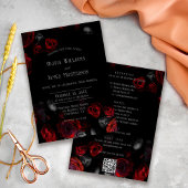 QR Code Black and Red Floral All in One Wedding Kaart