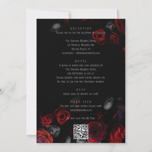QR Code Black and Red Floral All in One Wedding Kaart (Achterkant)