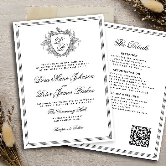 QR code black and white crest monogram wedding Kaart