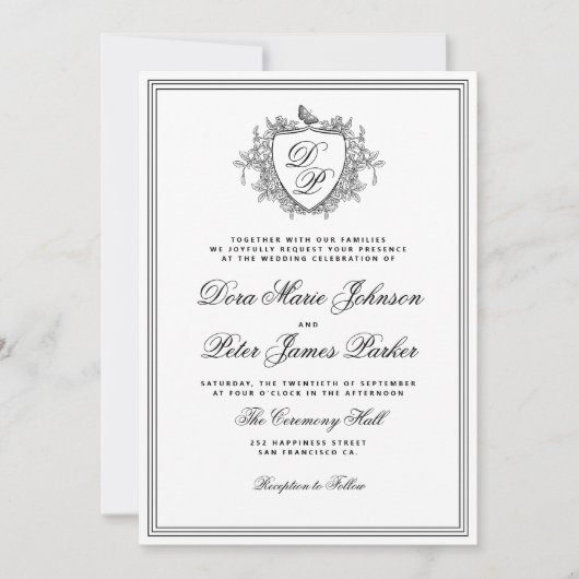 QR code black and white crest monogram wedding Kaart (Voorkant)