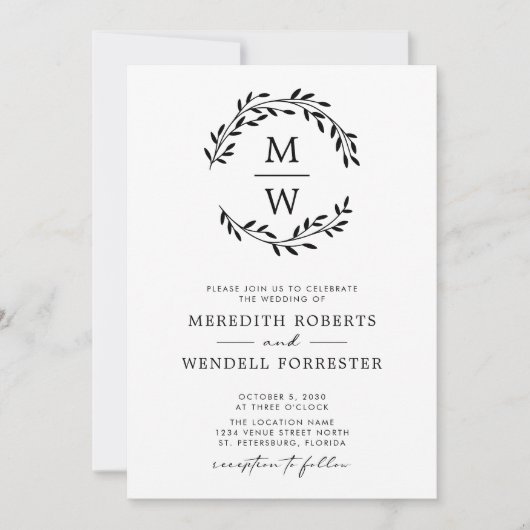 QR Code Black en White Monogram Wreath Weddenschap Kaart (Voorkant)