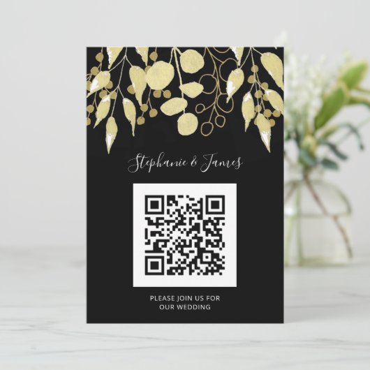 QR Code Black Gold Foliage Weddenschap Kaart (Staand voorkant)