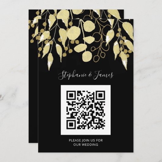 QR Code Black Gold Foliage Weddenschap Kaart (Voorkant / Achterkant)