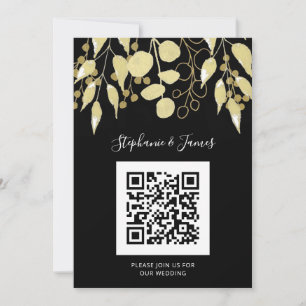 QR Code Black Gold Foliage Weddenschap Kaart