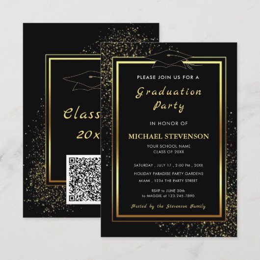 QR Code Black Gold Glitter Afstudeeruitnodigingen Kaart (Voorkant / Achterkant)