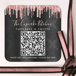 QR Code Black Roos Gold Glitter Drip Business Name Vierkante Sticker
