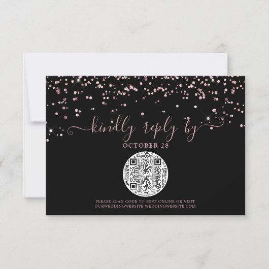QR Code Black Roos Gold Pink Glitter Weddenschap R RSVP Kaartje (Voorkant)
