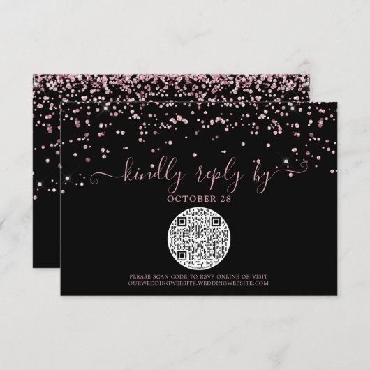 QR Code Black Roos Gold Pink Glitter Weddenschap R RSVP Kaartje (Voorkant / Achterkant)