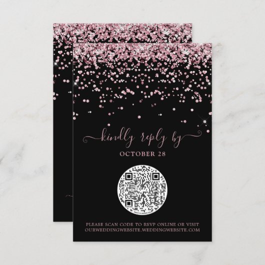 QR Code Black Roos Gold Pink Glitter Weddenschap R RSVP Kaartje (Voorkant / Achterkant)