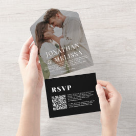 QR-code | Black Simple Overlay Photo Wedding All In One Uitnodiging