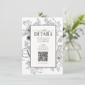 QR Code Black White Floral Weddenschap Details Informatiekaartje (Staand voorkant)