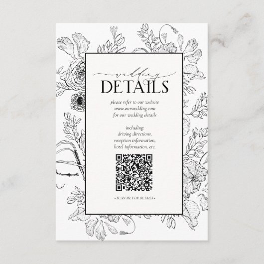 QR Code Black White Floral Weddenschap Details Informatiekaartje (Voorkant)