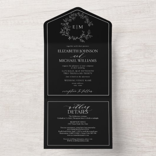 QR Code Black White Leafy Crest Monogram Weddensch All In One Uitnodiging (Binnen)