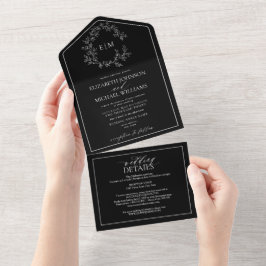 QR Code Black White Leafy Crest Monogram Weddensch All In One Uitnodiging