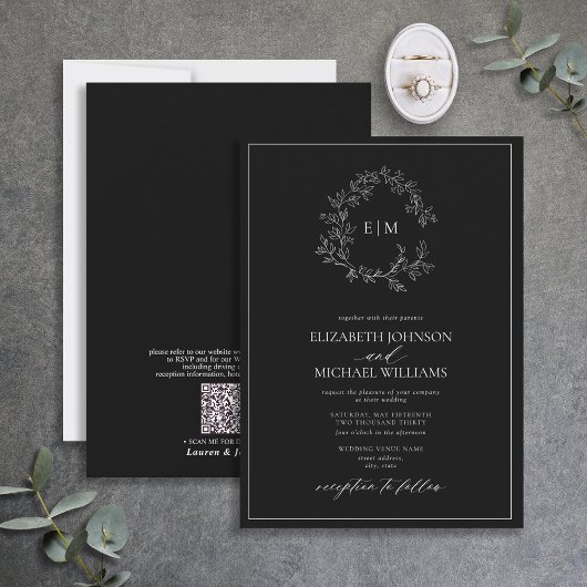 QR Code Black White Leafy Crest Monogram Weddensch Kaart