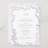 QR Code Blad Lavendel Elegant Monogram Trouwdag Kaart (Voorkant)