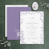 QR Code Blad Lavendel Elegant Monogram Trouwdag Kaart
