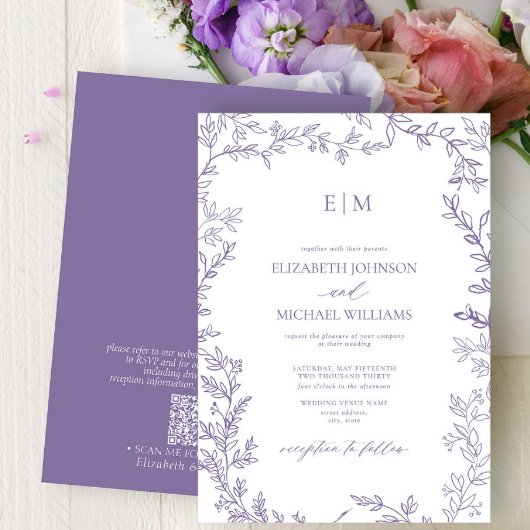 QR Code Blad Lavendel Elegant Monogram Trouwdag Kaart