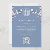QR Code Blau Stof Roze | Chinese Huwelijk Kaart (Achterkant)
