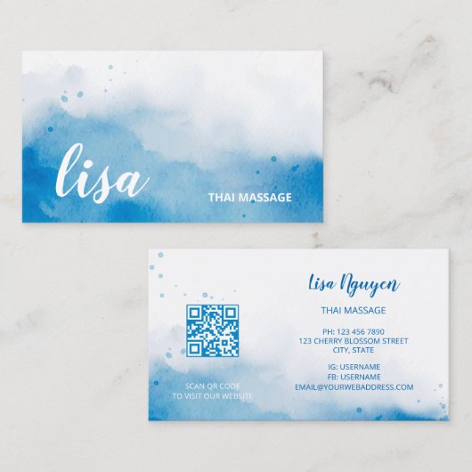 QR Code Blau Watercolor Achtergrond Visitekaartje (Voorkant / Achterkant)