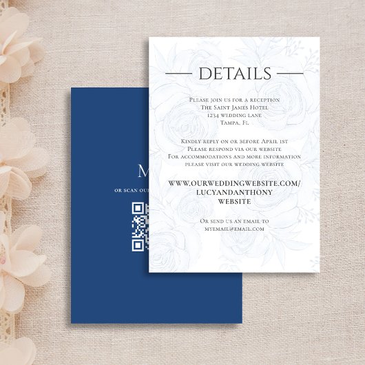 QR Code Blauw Bloemen RSVP Online Bruiloft Details Informatiekaartje