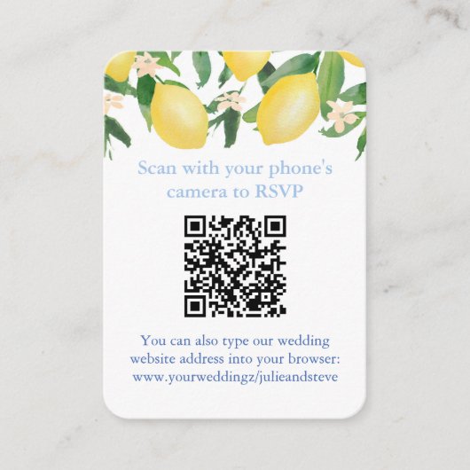 QR-code blauw en wit citrus bruiloft RSVP Informatiekaartje (Voorkant)