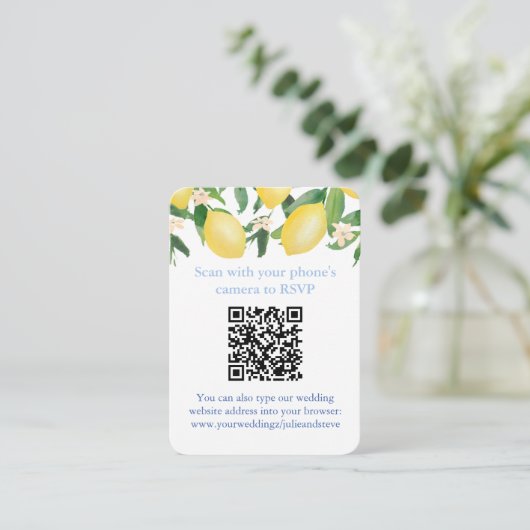 QR-code blauw en wit citrus bruiloft RSVP Informatiekaartje (Staand voorkant)