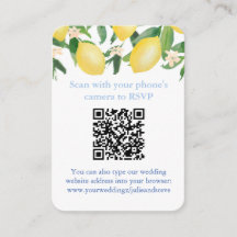 QR-code blauw en wit citrus bruiloft RSVP