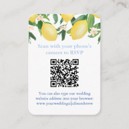 QR-code blauw en wit citrus bruiloft RSVP Informatiekaartje