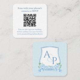 QR-code blauw en wit monogram wapenschild bruiloft Informatiekaartje
