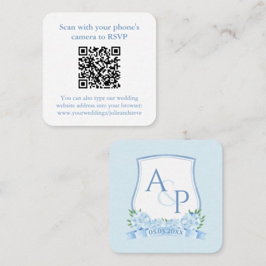 QR-code blauw en wit monogram wapenschild bruiloft Informatiekaartje (Voorkant / Achterkant)