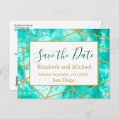 QR-code Blauw goud Moderne Waterverf Opslaan datum Aankondigingskaart (Voorkant / Achterkant)