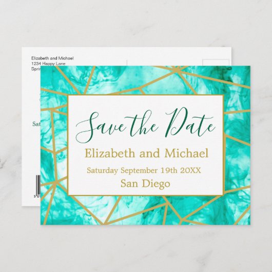 QR-code Blauw goud Moderne Waterverf Opslaan datum Aankondigingskaart (Voorkant / Achterkant)