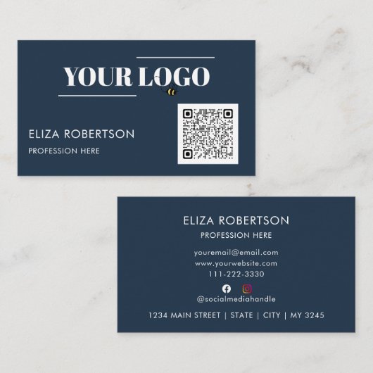 QR-code Blauw professionele Logo Aangepast Visitekaartje (Voorkant / Achterkant)
