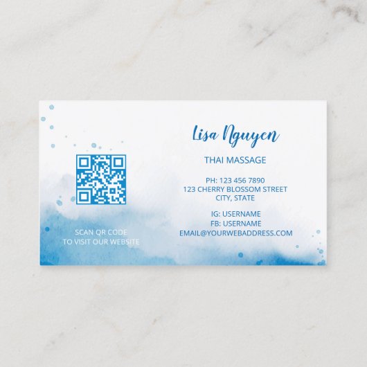 QR Code Blauw Waterverf Achtergrond Visitekaartje (Achterkant)