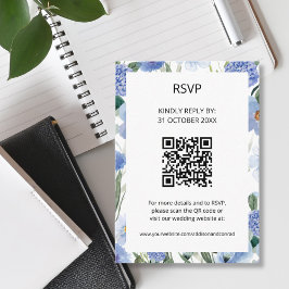 QR Code Blauw Waterverf Bloemen Huwelijk RSVP Informatiekaartje