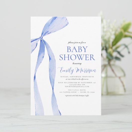 QR Code Blauw Waterverf Bow Boy Baby shower Kaart (Staand voorkant)