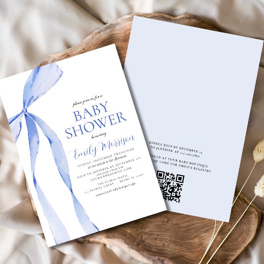 QR Code Blauw Waterverf Bow Boy Baby shower Kaart