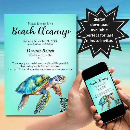 QR Code Blauw Zee Schildpad Beach Cleanup Event Kaart