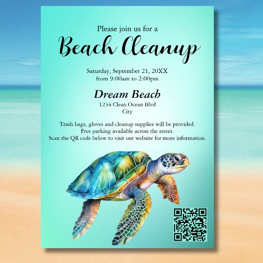 QR Code Blauw Zee Schildpad Beach Cleanup Event Kaart