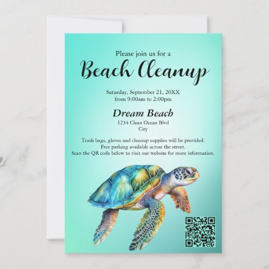 QR Code Blauw Zee Schildpad Beach Cleanup Event Kaart (Voorkant)